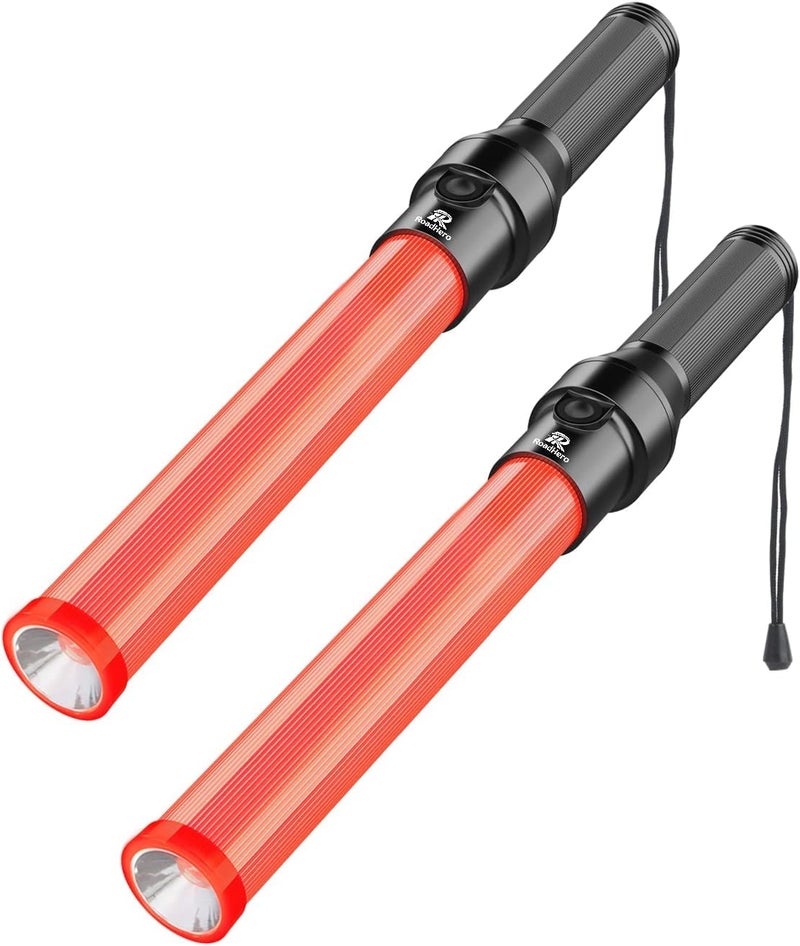 RoadHero 2 Pack Traffic Wand, 16 Inch Led Traffic Control Wands with 3 Flashing Modes, Air Marshaling Signal Wand Plus White LED on Tip for Airport, Parking, Car Directing - Image 1